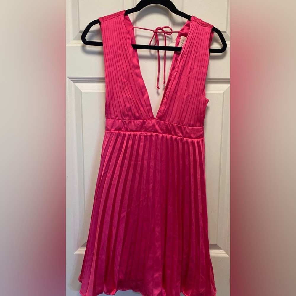 Pink Pleated V-Neck Dress